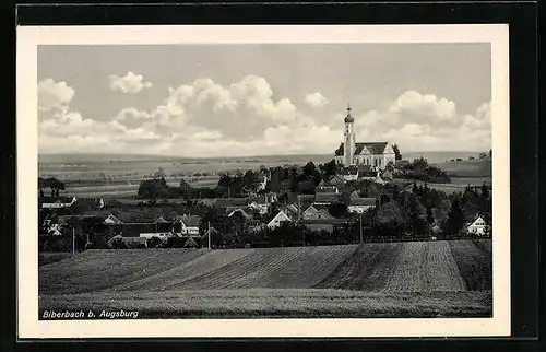AK Biberbach b. Augsburg, Ortsansicht von Feld aus betrachtet, Kirche
