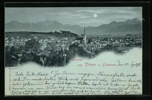 Mondschein-AK Prien a. Chiemsee, Blick über die vom Mondlicht erhellten Dächer der Stadt