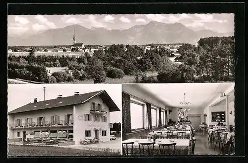 AK Eggstätt am Hartsee, Café-Gasthof Linde, Ansicht des Ortes, Innen- und Aussenansicht des Gasthofs