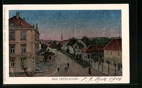 Luna-AK Bad Oppelsdorf, Strassenpartie mit Gasthaus zum Curhaus