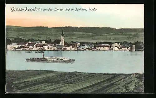 AK Gross-Pöchlarn, Donaupartie mit Dampfer, Totalansicht