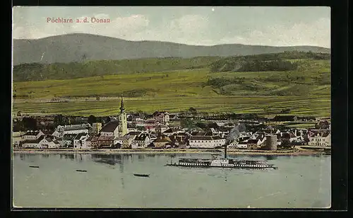 AK Pöchlarn /Donau, Totalansicht mit Donaudampfer