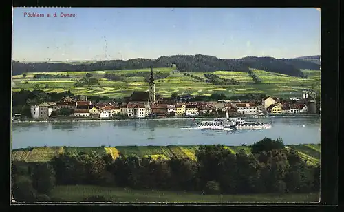 AK Pöchlarn /Donau, Gesamtansicht mit Donaudampfer