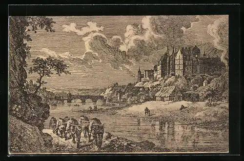 Künstler-AK Meissen, Ortsansicht aus dem Jahre 1770, Männer treideln ein Boot die Elbe hoch