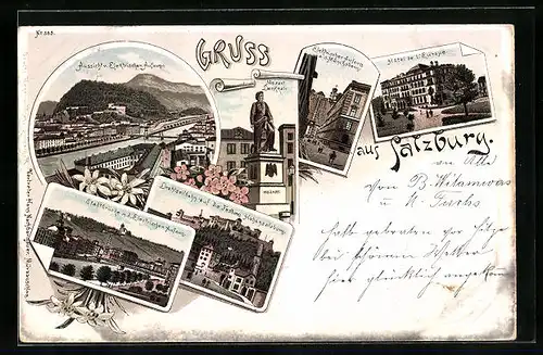 Lithographie Salzburg, Hotel de l`Europe, Mozart-Denkmal, Drahtseilbahn