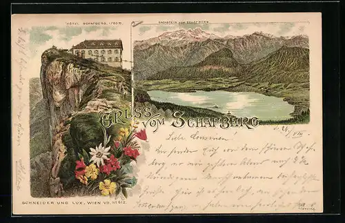 Vorläufer-Lithographie Schafberg, 1894, Hotel auf dem Berg, Dachstein vom Berg aus