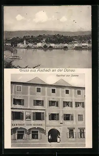 AK Aschach /Donau, Gasthof zur Sonne, Ortsansicht mit Dampfer