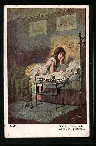 Künstler-AK Adolf (Jodolfi): Wie lieb er schreibt, Freude über einen Liebesbrief
