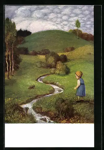 Künstler-AK Matthäus Schiestl: Kleines Mädchen am Bächlein