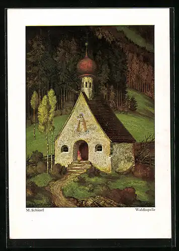 Künstler-AK Matthäus Schiestl: Waldkapelle im Zwielicht