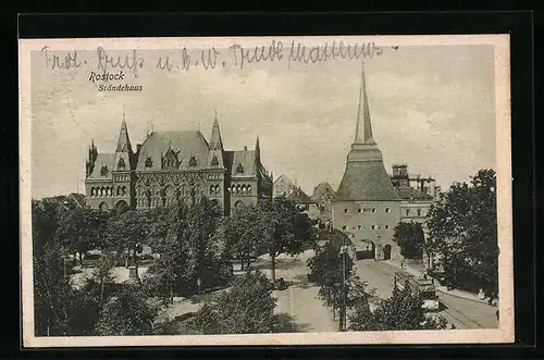 AK Rostock, Ständehaus mit Strassenbahn