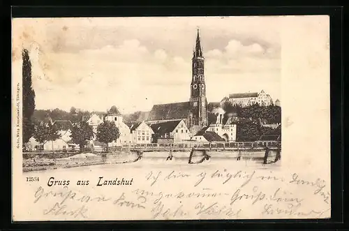 AK Landshut, Flusspartie mit Blick auf die Kirche