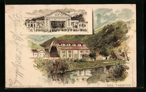 Künstler-AK Oberammergau, Passionsspiel, Blick auf das Theater