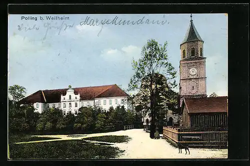 AK Polling bei Weilheim, Blick auf Schloss und Uhrturm