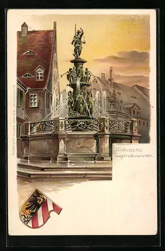 Lithographie Nürnberg, Abendstimmung am Tugendbrunnen, Wappen