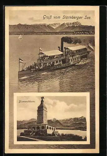 AK Starnberg, Dampfer auf dem Starnberger See, Bismarckturm