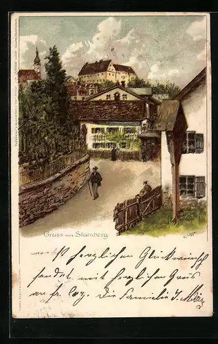 Künstler-AK Starnberg, Strassenpartie am Ortrand