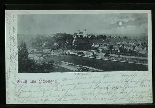 Mondschein-AK Schongau, Totalansicht mit Kirche