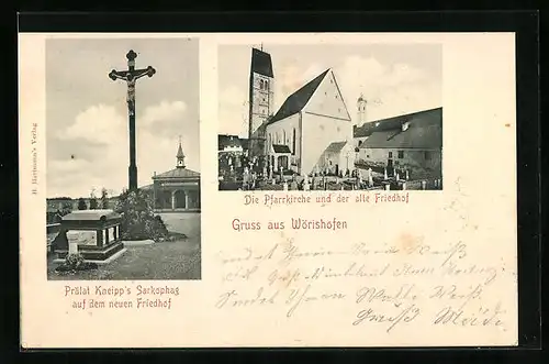 AK Wörishofen, Prälat Kneipp`s Sarkophag auf dem neuen Friedhof, Pfarrkirche