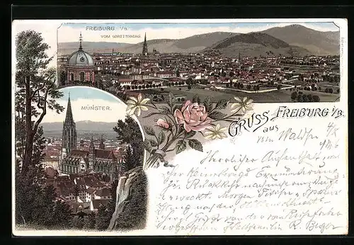 Lithographie Freiburg i. B., Münster, Totalansicht vom Lorettoberg