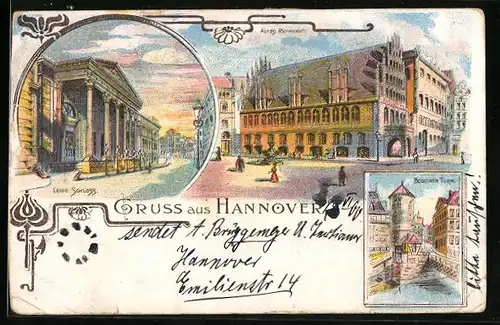 Lithographie Hannover, Leine Schloss, Altes Rathaus, Beguinen-Turm