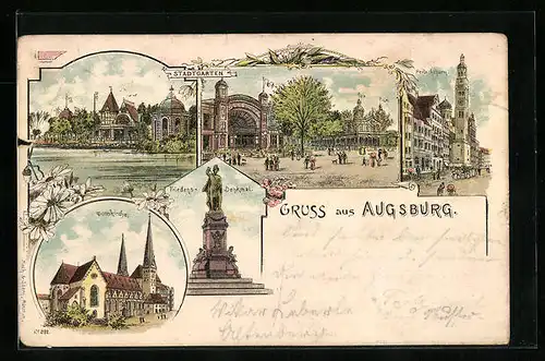 Lithographie Augsburg, Stadtgarten, Perlachturm, Domkirche