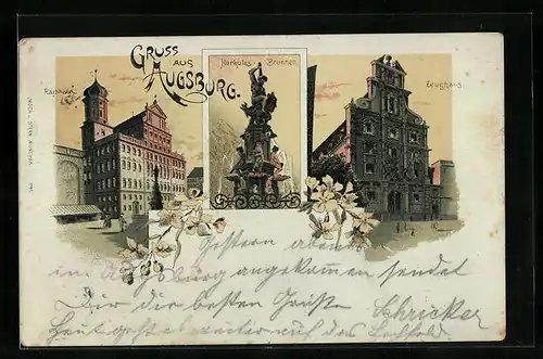 Lithographie Augsburg, Zeughaus, Rathaus, Herkules-Brunnen
