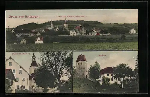 AK Bruckberg, Partie mit Kirche, Schloss, Totalansicht mit neuem Schulhaus