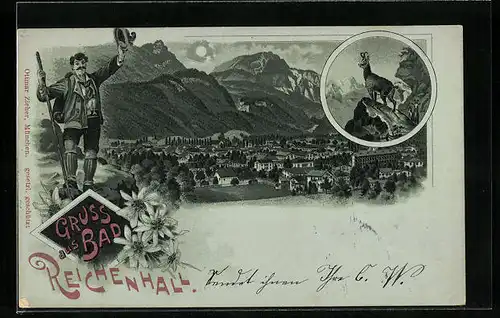 Mondschein-Lithographie Bad Reichenhall, Totalansicht mit Gebirgspanorama