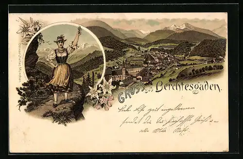 Lithographie Berchtesgaden, Totalansicht, Frau in Tracht