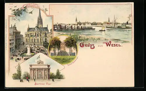 Lithographie Wesel, Berliner Thor, Schiller-Denkmal, Grosser Markt