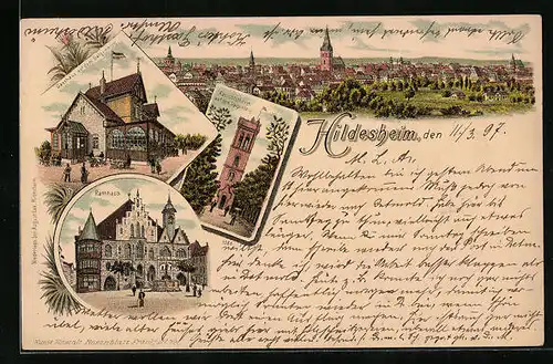 Lithographie Hildesheim, Gasthaus auf dem Galgenberg, Rathaus, Aussichtsturm