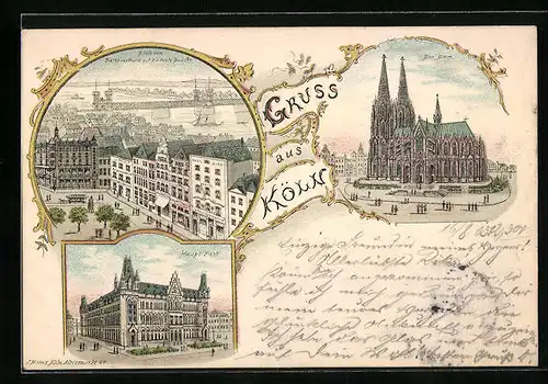 Lithographie Köln, Haupt-Post, Dom, Blick vom Rathausturm