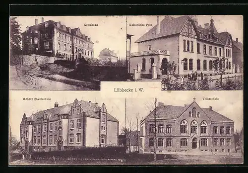 AK Lübbecke i. W., Kreishaus, Höhere Stadtschule, Volksschule, Kaiserliche Post