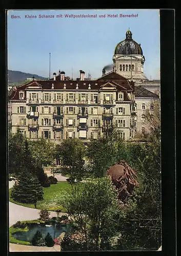 AK Bern, Kleine Schanze mit Weltpostdenkmal und Hotel Bernerhof