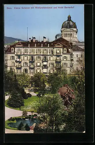 AK Bern, Kleine Schanze mit Hotel Bernerhof und Weltpostdenkmal
