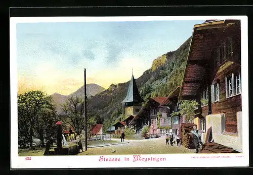 AK Meyringen, Strassenpartie mit Brunnen und Kirche