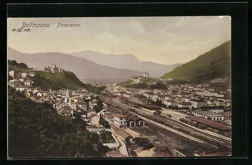 AK Bellinzona, Panorama mit Bahnhof