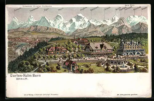 Lithographie Bern, Ortsansicht mit Gebirgspanorama