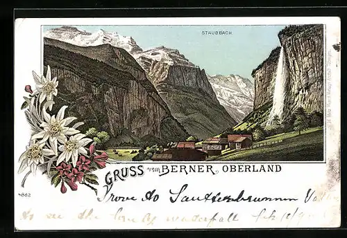 Lithographie Lauterbrunnen, Staubbach, Totalansicht