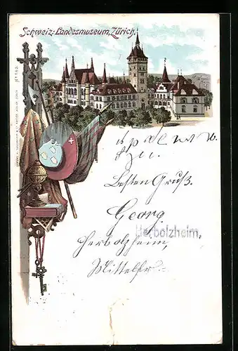 Lithographie Zürich, Ortspartie mit Landesmuseum