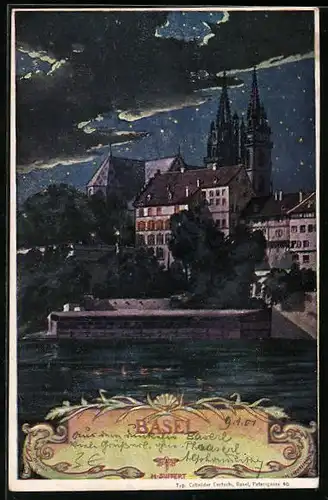 Künstler-AK Basel, Rheinpartie bei Nacht