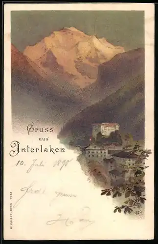 Lithographie Interlaken, Ortspartie mit Alpenglühen