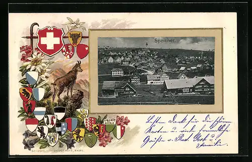 Präge-AK Speicher, Totalansicht, Wappen der Schweizer Kantone