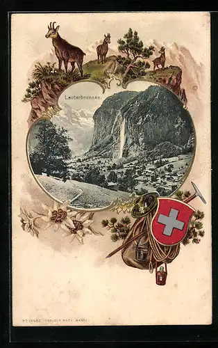 Präge-AK Lauterbrunnen, Wappen der Schweiz, Wanderausrüstung, Totalansicht