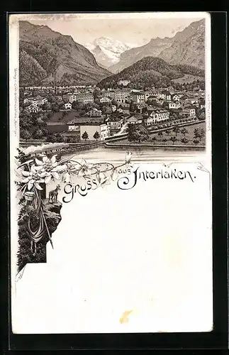 Lithographie Interlaken, Panorama, Wanderausrüstung