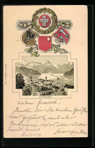 Präge-AK Vitznau, Totalansicht, Wappen von Uri, Schwyz und Unterwalden