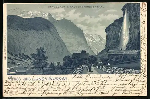 Lithographie Staubbach, Spaziergänger am Wasserfall