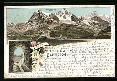 Lithographie Wengernalp-Scheidegg, Gletschergrotte, Eiger, Mönch und Jungfrau