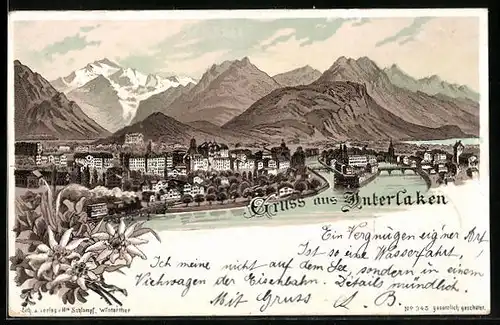 Lithographie Interlaken, Flusspartie im Ort, Panorama